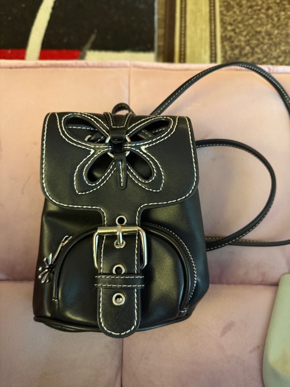 Black Mini Crossbody Backpack with White Stitching